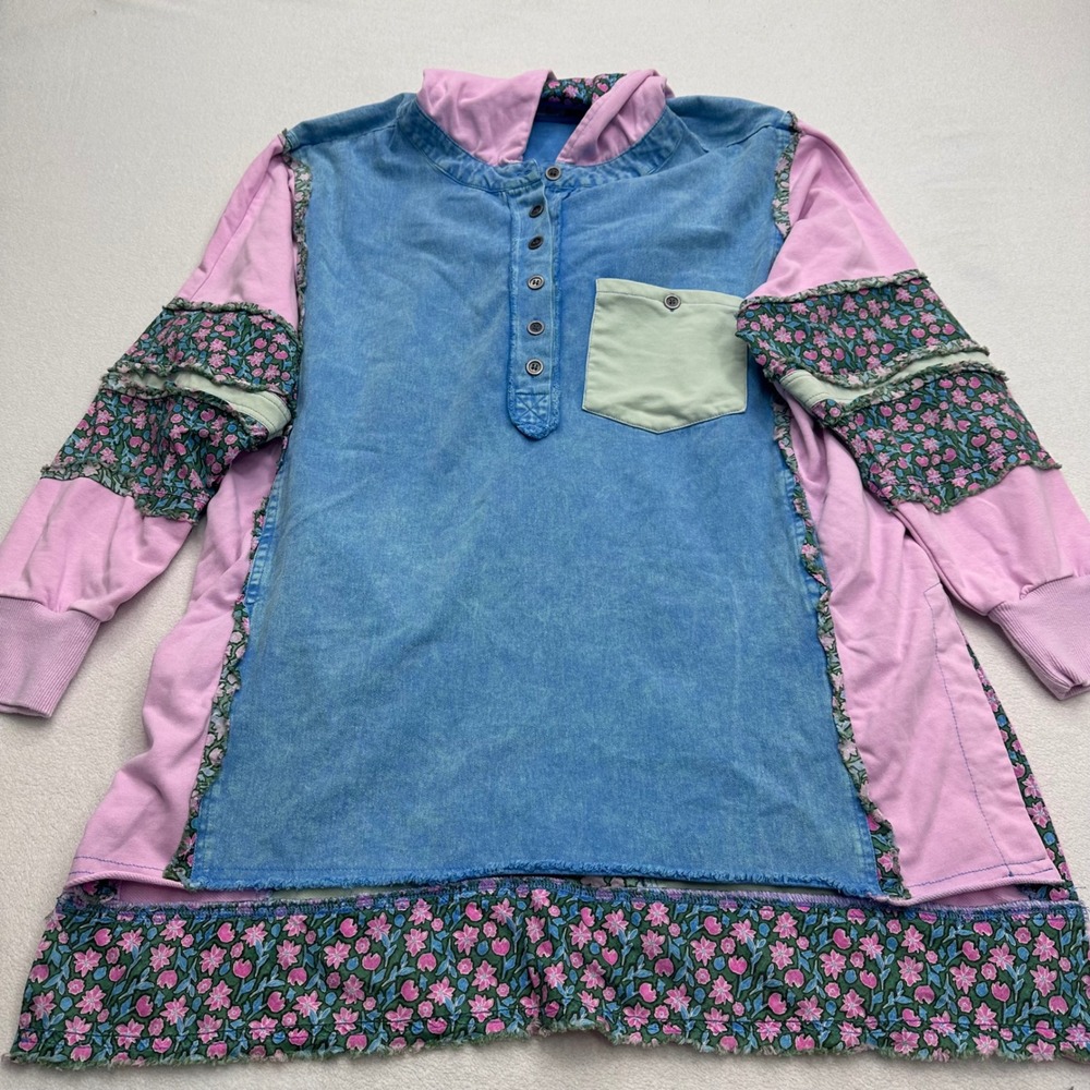 Blue Velvet Pink Boho Patchwork Hoodie Sweatshirt Womens Size S Oversized Shabby - Picture 2 of 8
